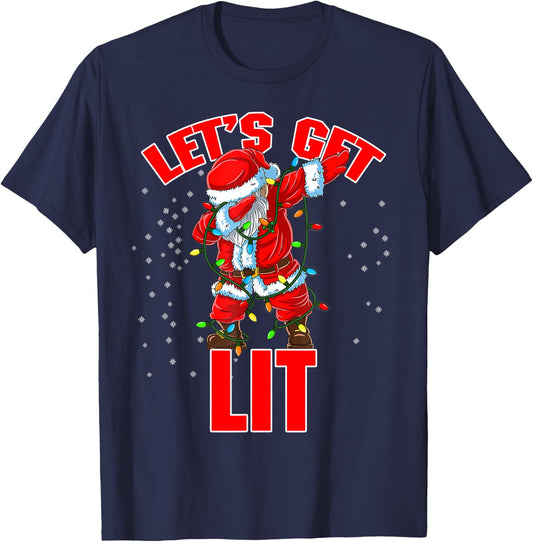 Let's Get Lit Drinking Santa Hat Dabbing Christmas Lights T-Shirt - T-Shirt | Navy