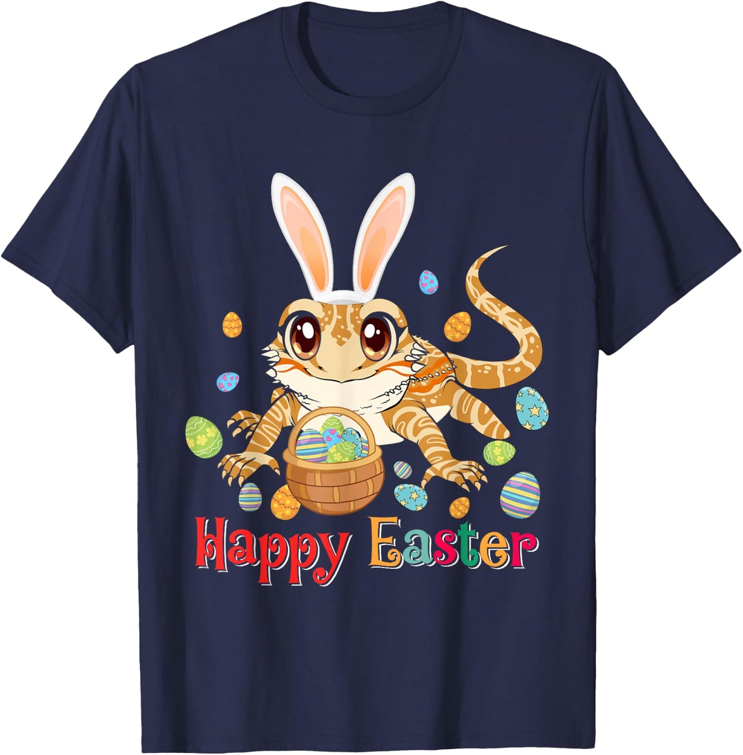 Happy Easter Cute Bunny Bearded Dragon Easter Eggs Basket T-Shirt - T-Shirt | Navy