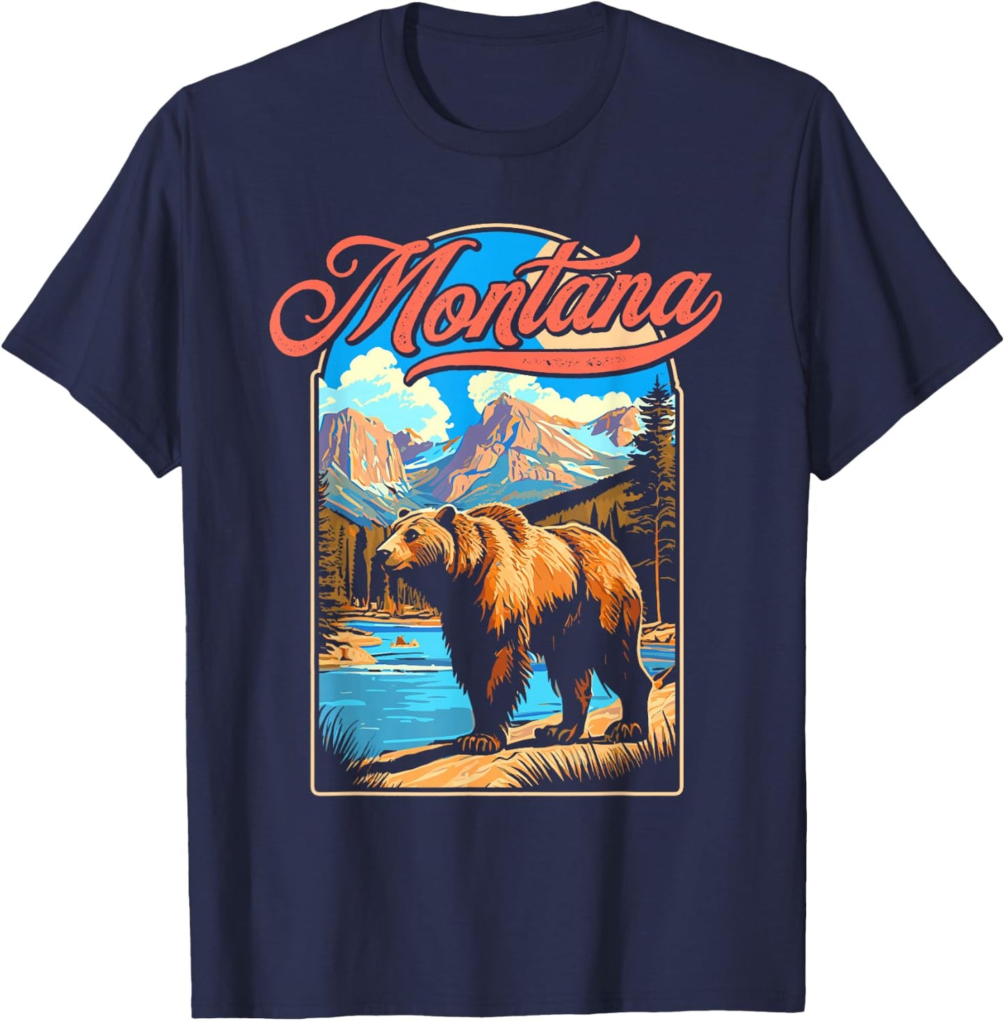 Grizzly Bear & Montana Mountains Vintage 70s Vibe Graphic T-Shirt - T-Shirt | Navy