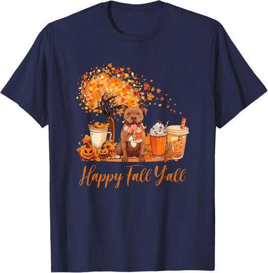 Happy Fall Y'all Pitbull Autumn Pumpkin Spice Latte T-Shirt - T-Shirt | Navy