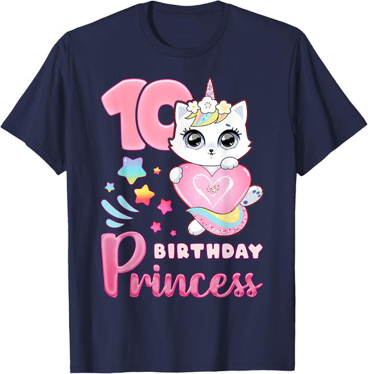 Girl, 10th birthday, unicorn cat, number 10 T-Shirt - T-Shirt | Navy