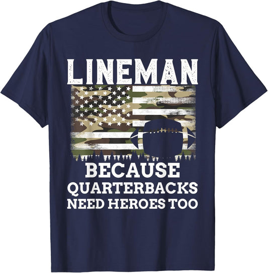 Lineman Football Gift Patriotic American Flag Camouflage T-Shirt - T-Shirt | Navy