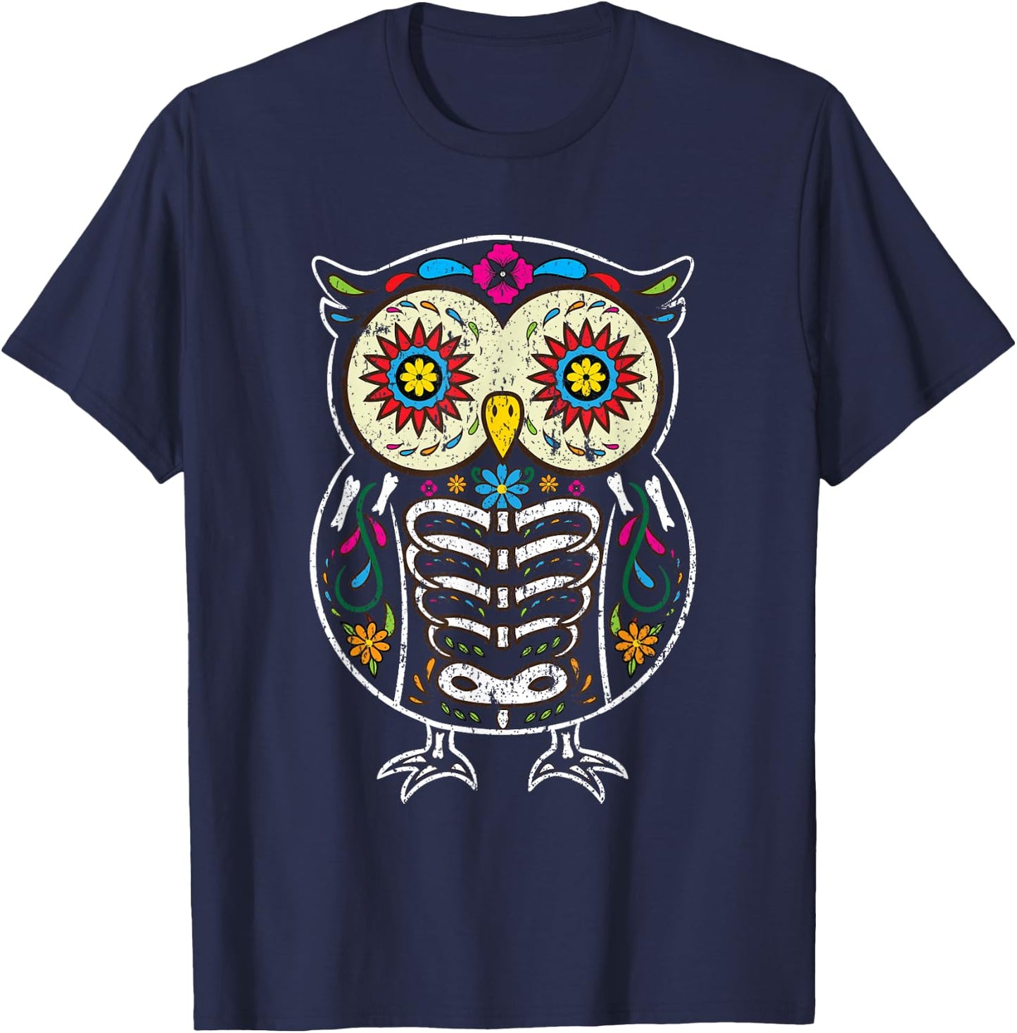 Sugar Skull Owl Dia De Los Muertos Halloween Vintage T-Shirt - T-Shirt | Navy