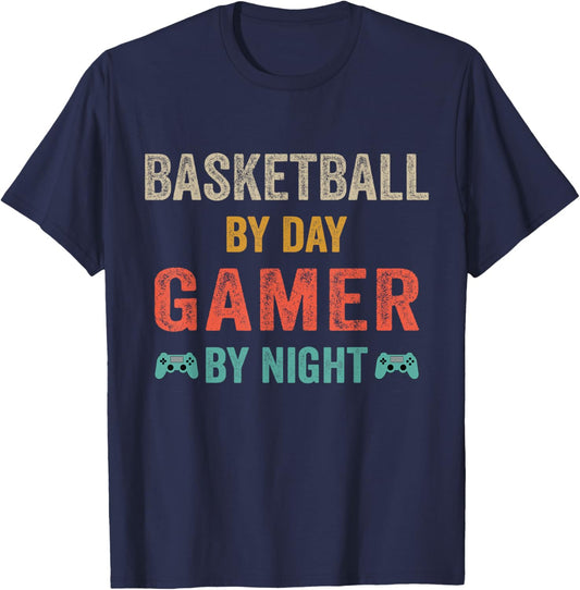 Basketball By Day Gamer By Night Lover Gaming T-Shirt - T-Shirt | Navy