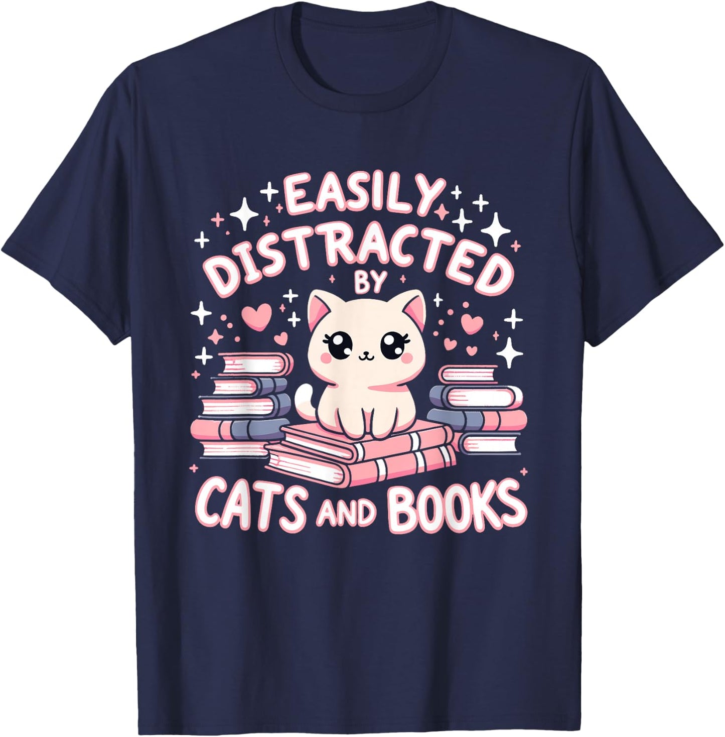 Easily Distracted by Cats and Books Cat Design Girls T-Shirt - T-Shirt | Navy