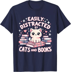 Easily Distracted by Cats and Books Cat Design Girls T-Shirt - T-Shirt | Navy