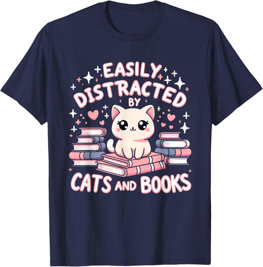 Easily Distracted by Cats and Books Cat Design Girls T-Shirt - T-Shirt | Navy