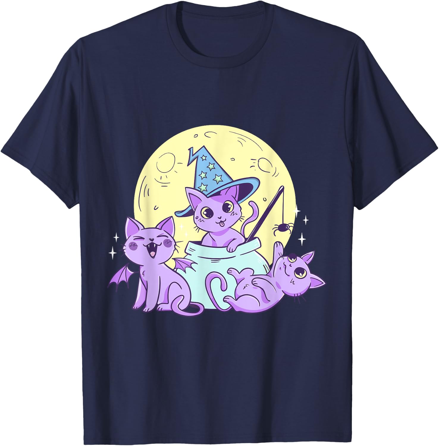 Creepy Pastel Goth Soft Goth emo Evil Cats with Moon T-Shirt - T-Shirt | Navy