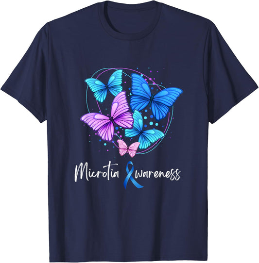 Microtia Awareness Day Blue Ribbon and Teal Butterfly T-Shirt - T-Shirt | Navy