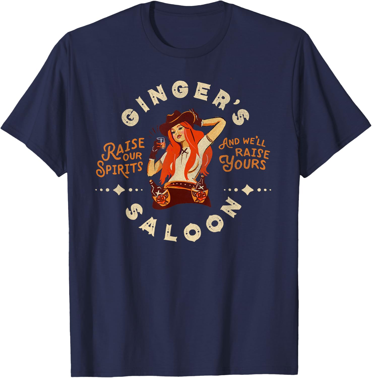 Retro Dive Bar Whiskey Ginger Redhead Cowgirl Bartender Gift T-Shirt - T-Shirt | Navy