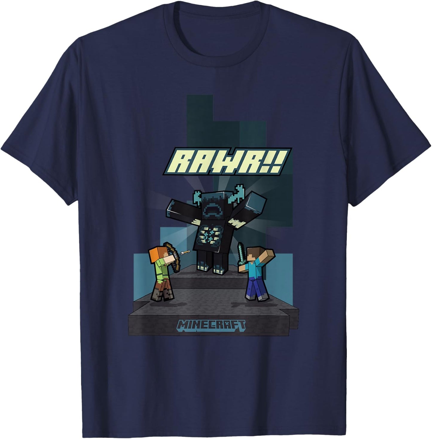 Minecraft Rawr!! Alex And Steve Fighting Off Warden T-Shirt - T-Shirt | Navy