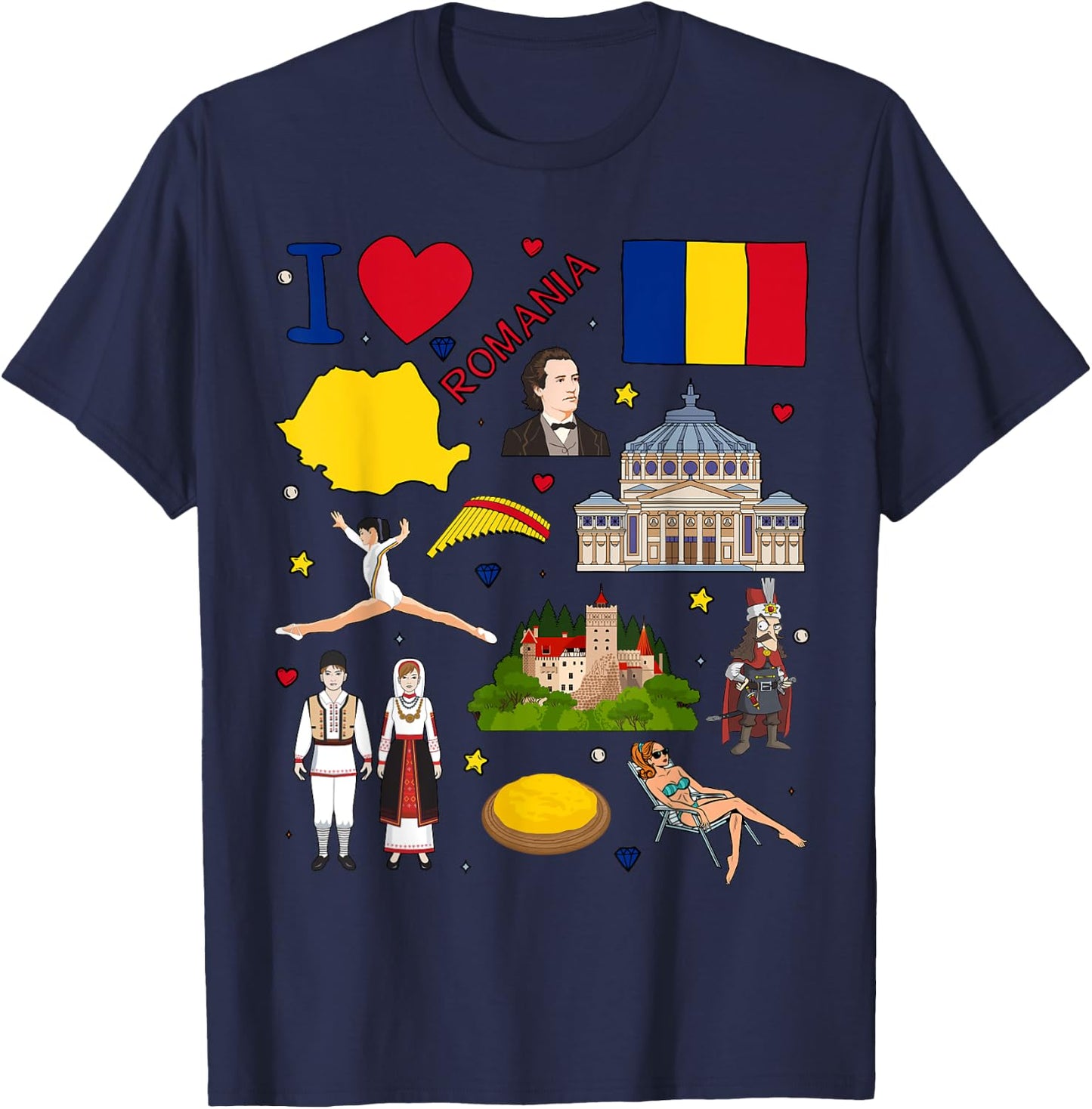 I love Romania. Hand drawn Romanian Landmarks, flag and map T-Shirt - T-Shirt | Navy