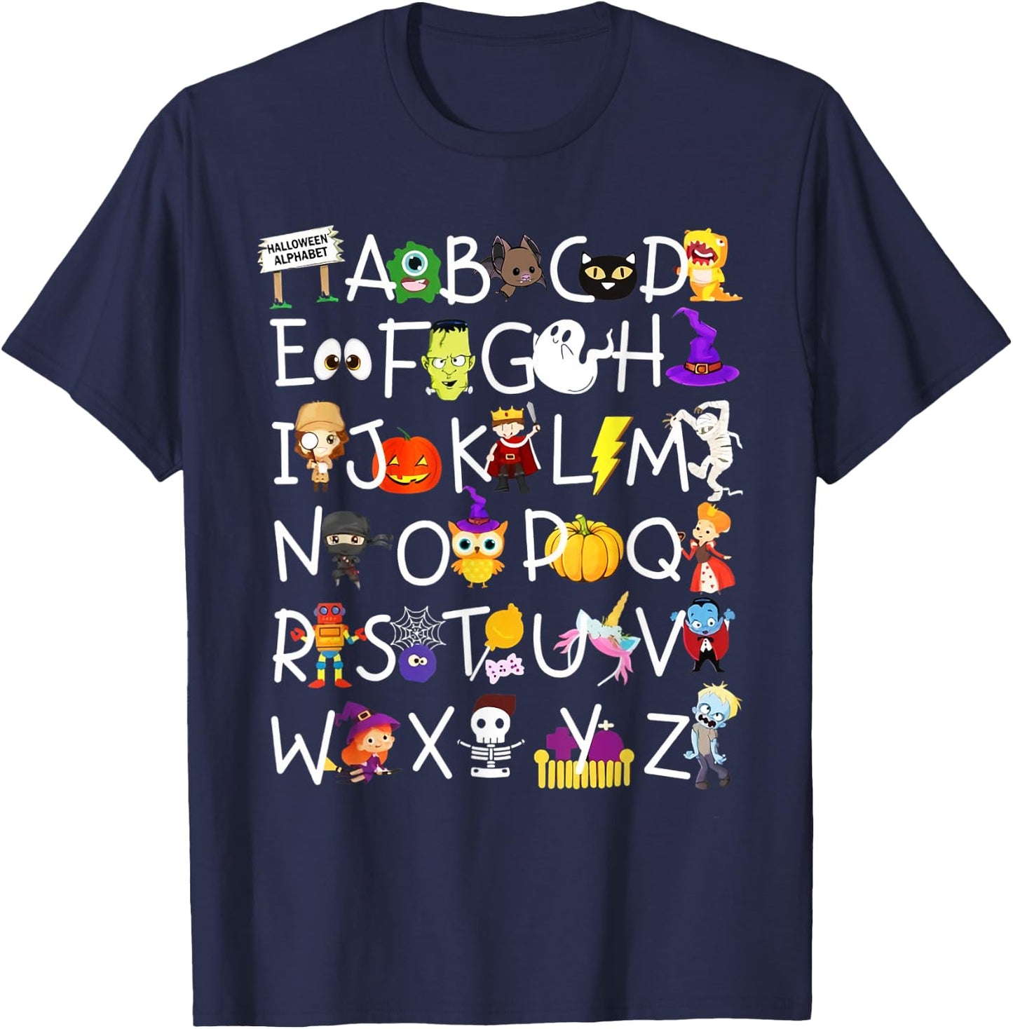 Alphabet ABCs Halloween Characters Kindergarten Teacher Kids T-Shirt - T-Shirt | Navy
