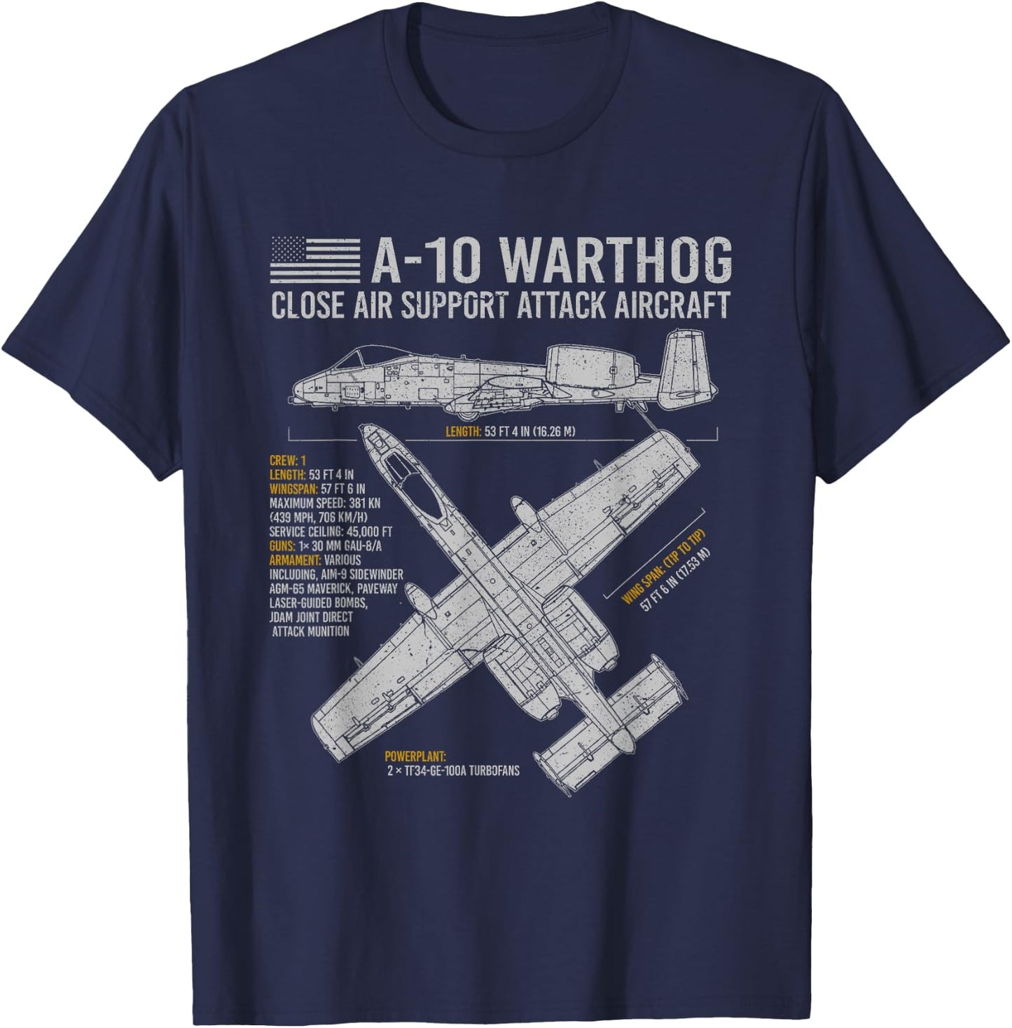 Aviation Geeks Store A-10 Warthog Thunderbolt II Aircraft Airplane Blueprint Fact T-Shirt - T-Shirt | Navy