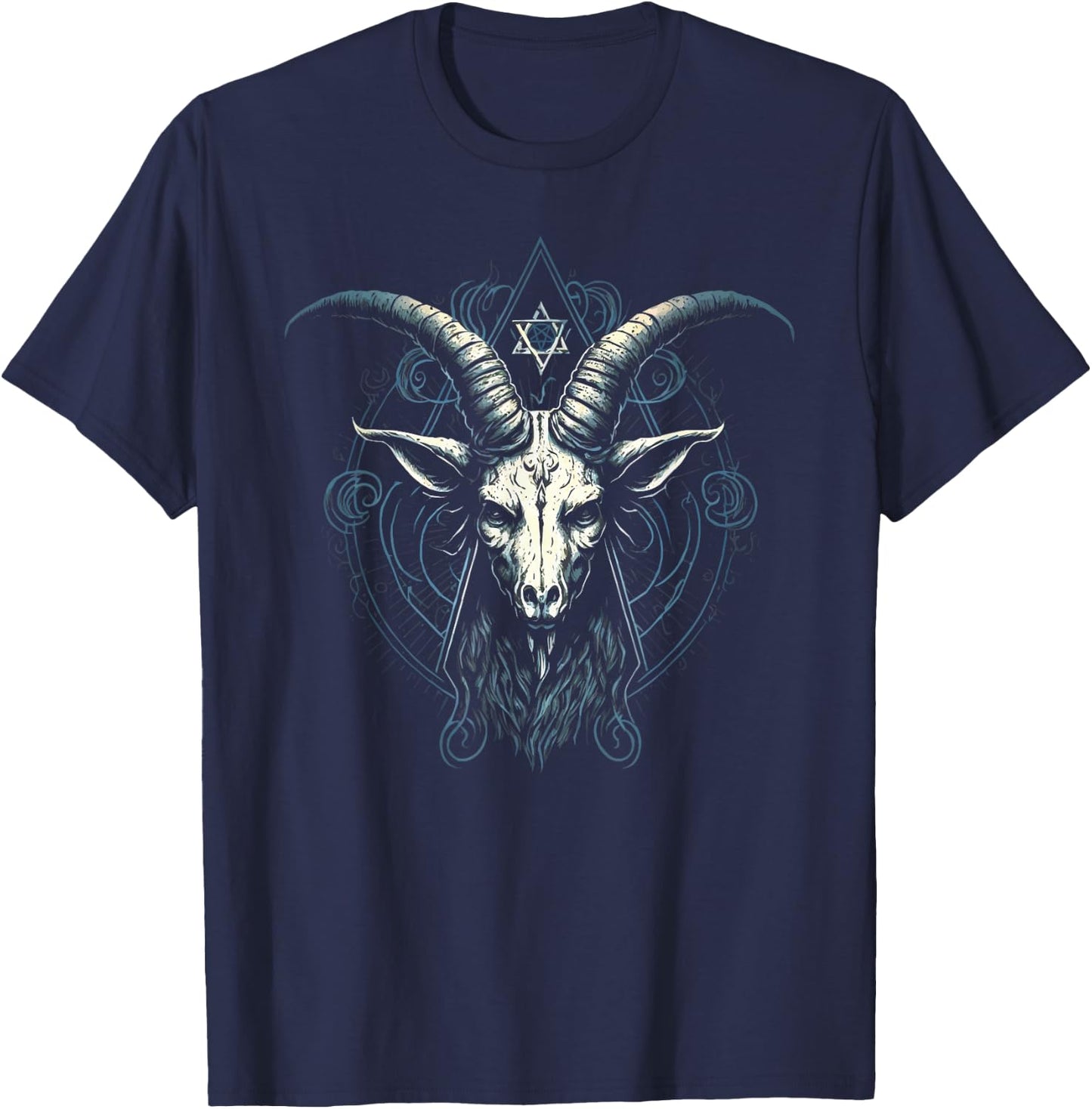 Satan Pentagram Baphomet Illustration Devil Satanic Hexagram T-Shirt - T-Shirt | Navy