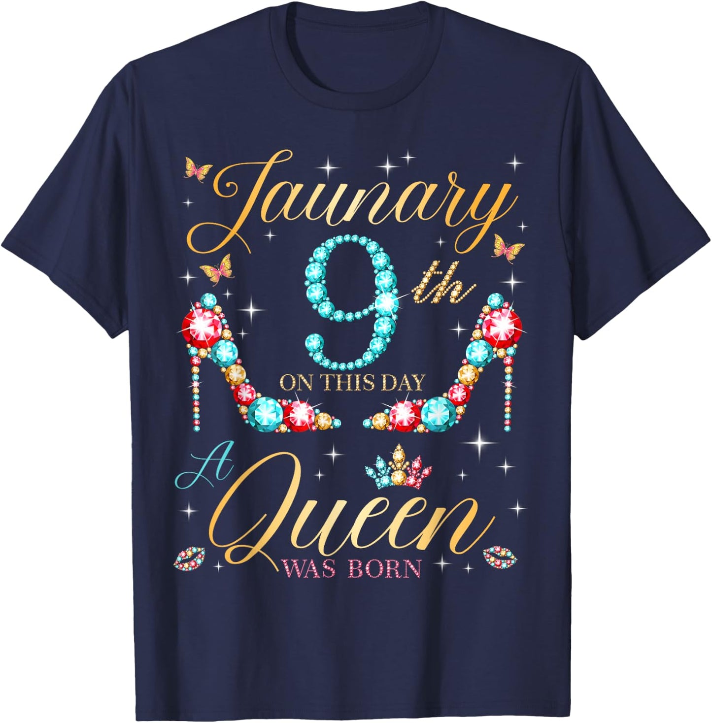 On January 9th A Queen Was Born on January 9 Birthday T-Shirt - T-Shirt | Navy
