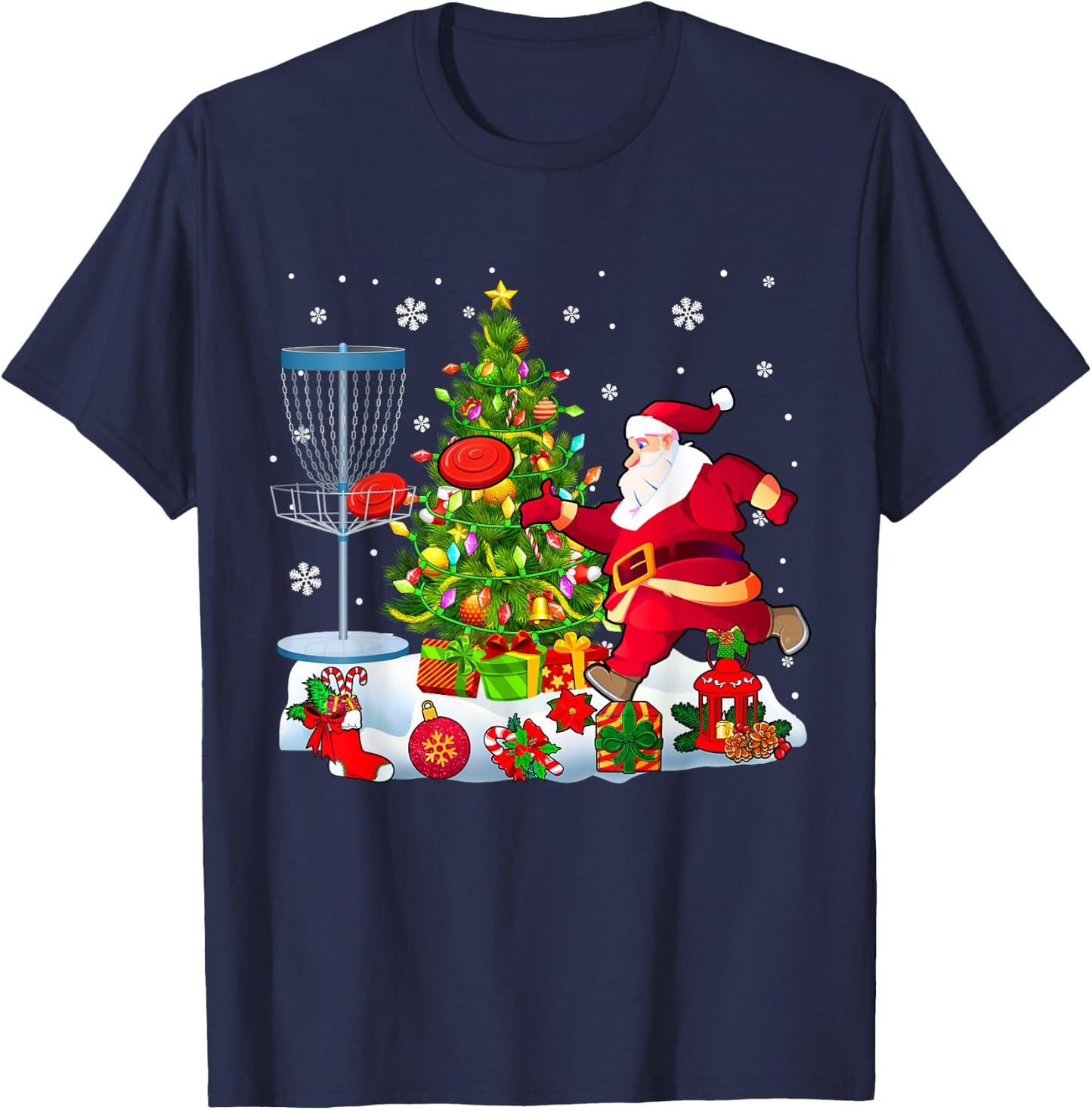 Xmas Tree Light Presents Santa Playing Disc Golf Player T-Shirt - T-Shirt | Navy