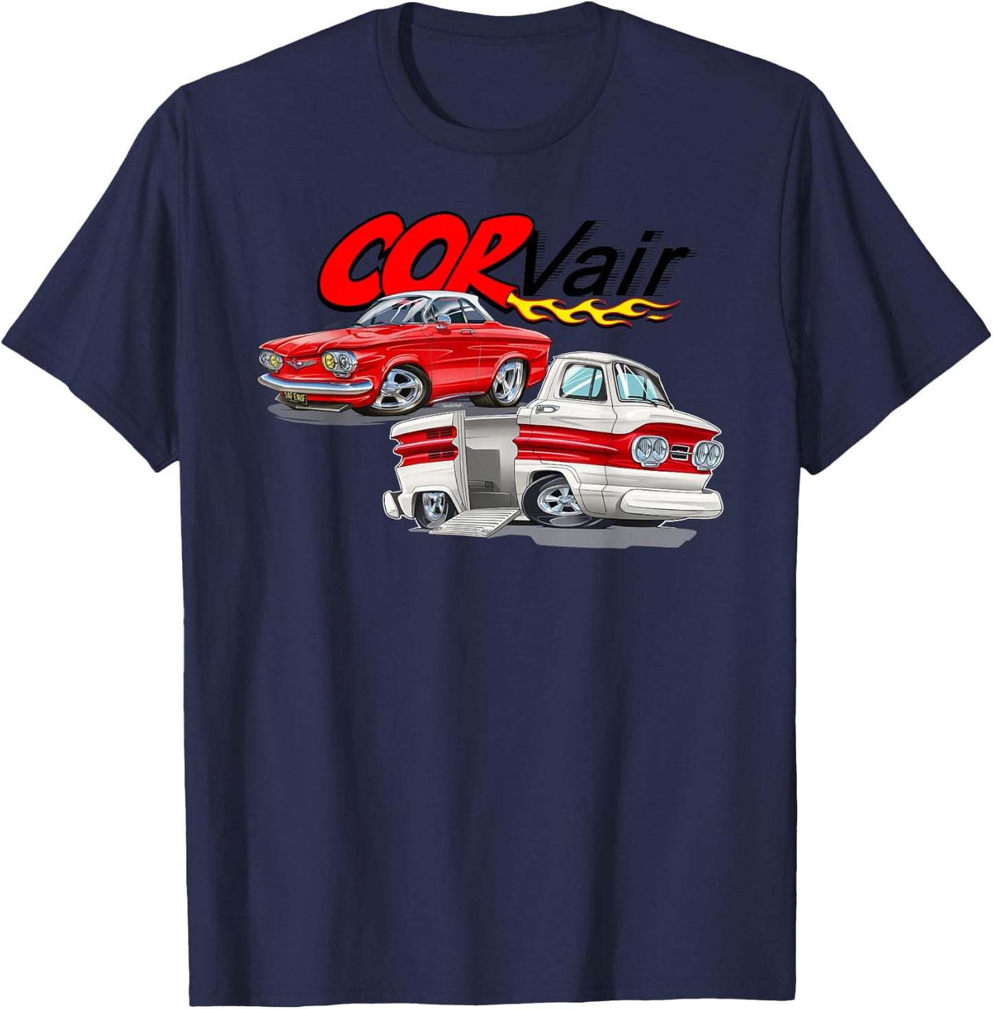 Corvair Cartoon Coupe and Rampside Truck T-Shirt - T-Shirt | Navy