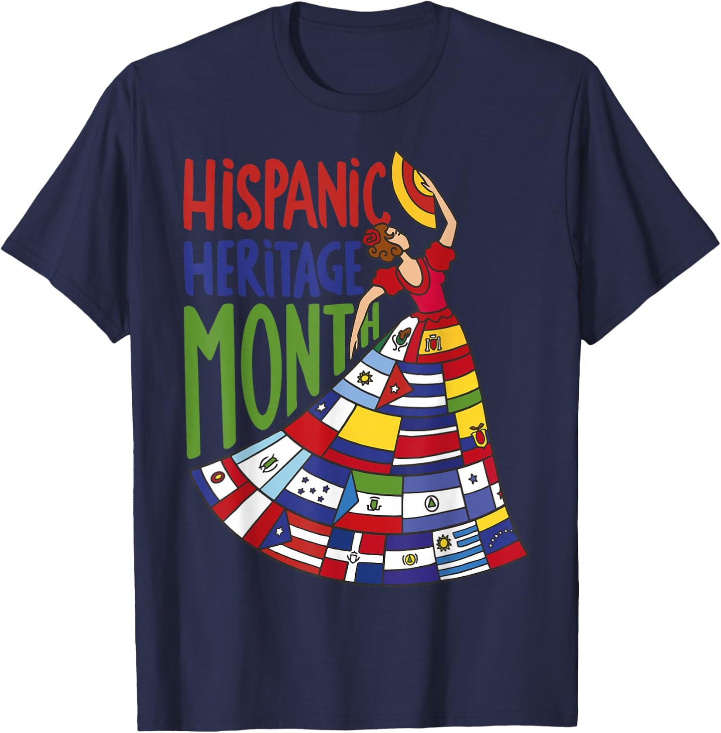 Hispanic Heritage Month 2024 Woman Latin Country Flags Dress T-Shirt - T-Shirt | Navy