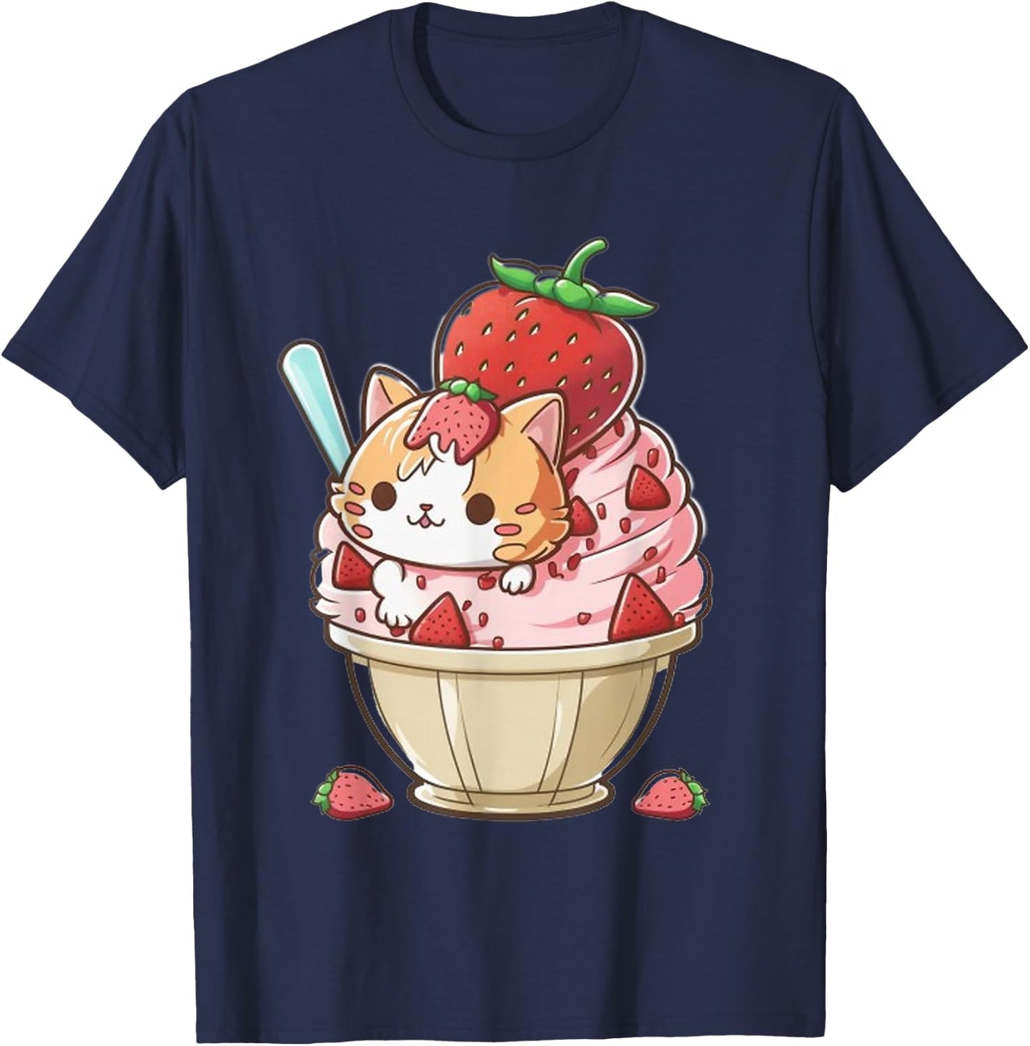 Strawberry Ice Cream Sundae Kitten Gelato Berry Cat Sorbet T-Shirt - T-Shirt | Navy