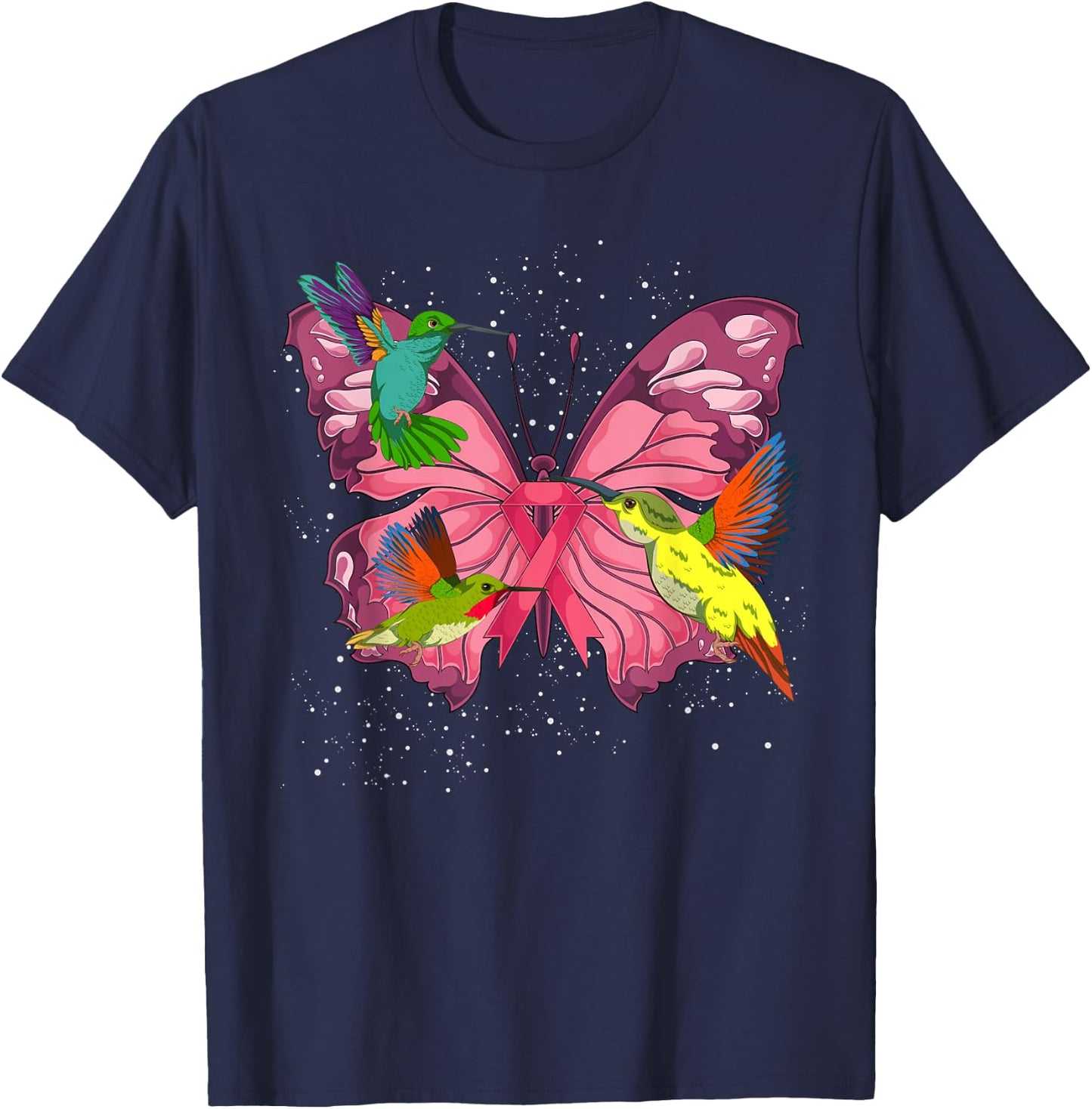 Hummingbird Butterfly Pink Ribbon Breast Cancer Awareness T-Shirt - T-Shirt | Navy