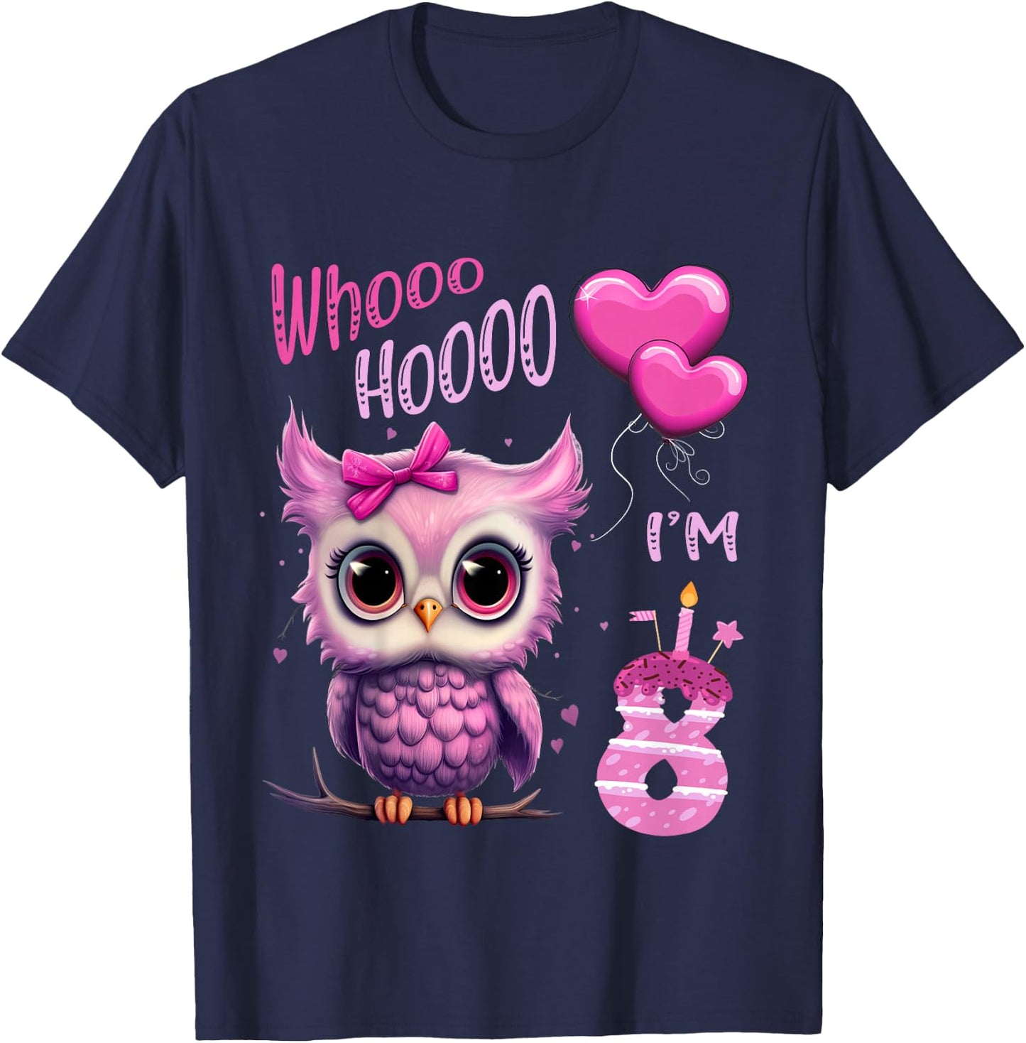 Birthday Shirt Cute Owl - Whooo hooo I’m 8 Years - Girls T-Shirt - T-Shirt | Navy