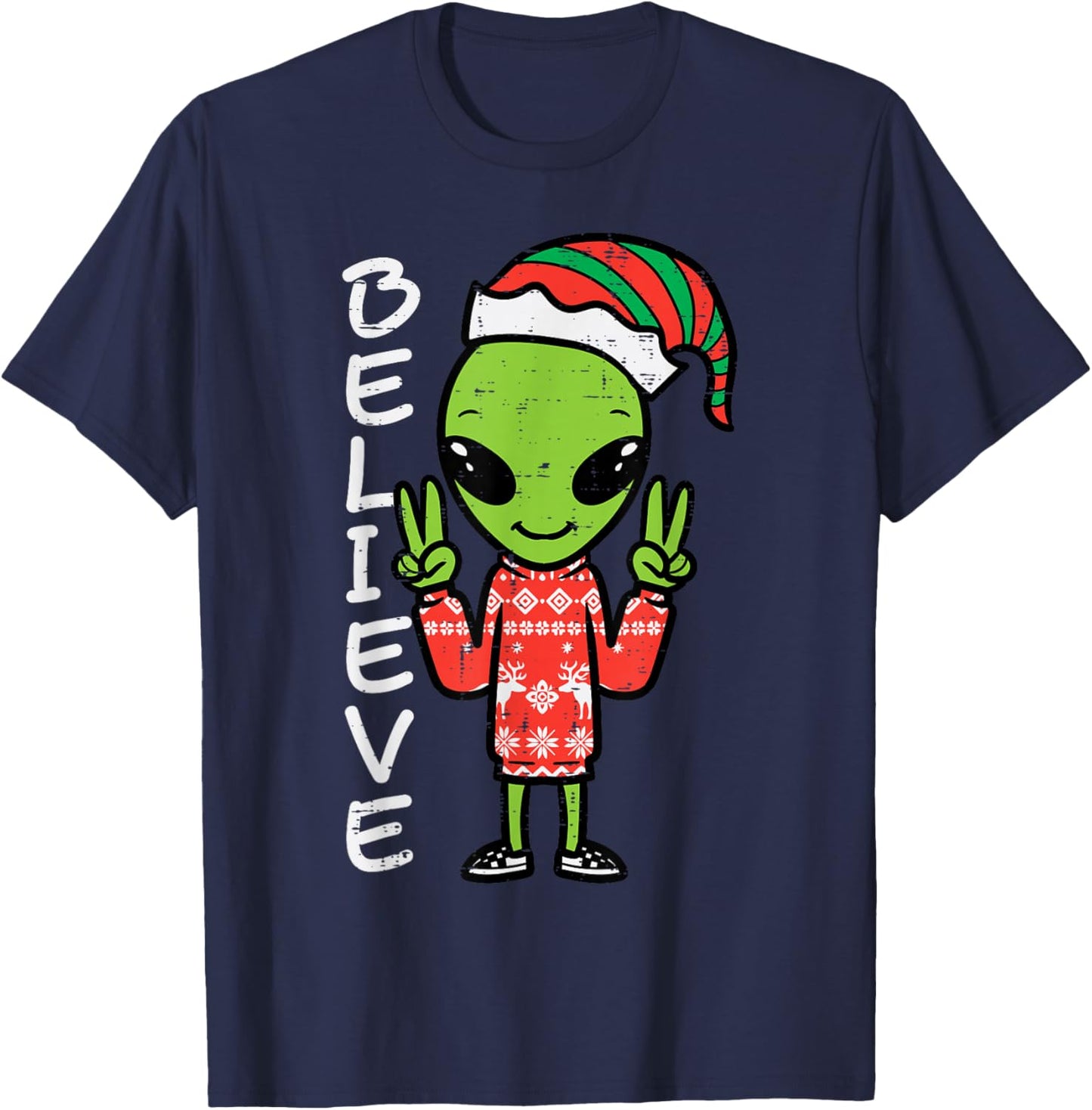 Christmas Alien Elf Believe Funny Xmas Space Men Women Kids T-Shirt - T-Shirt | Navy
