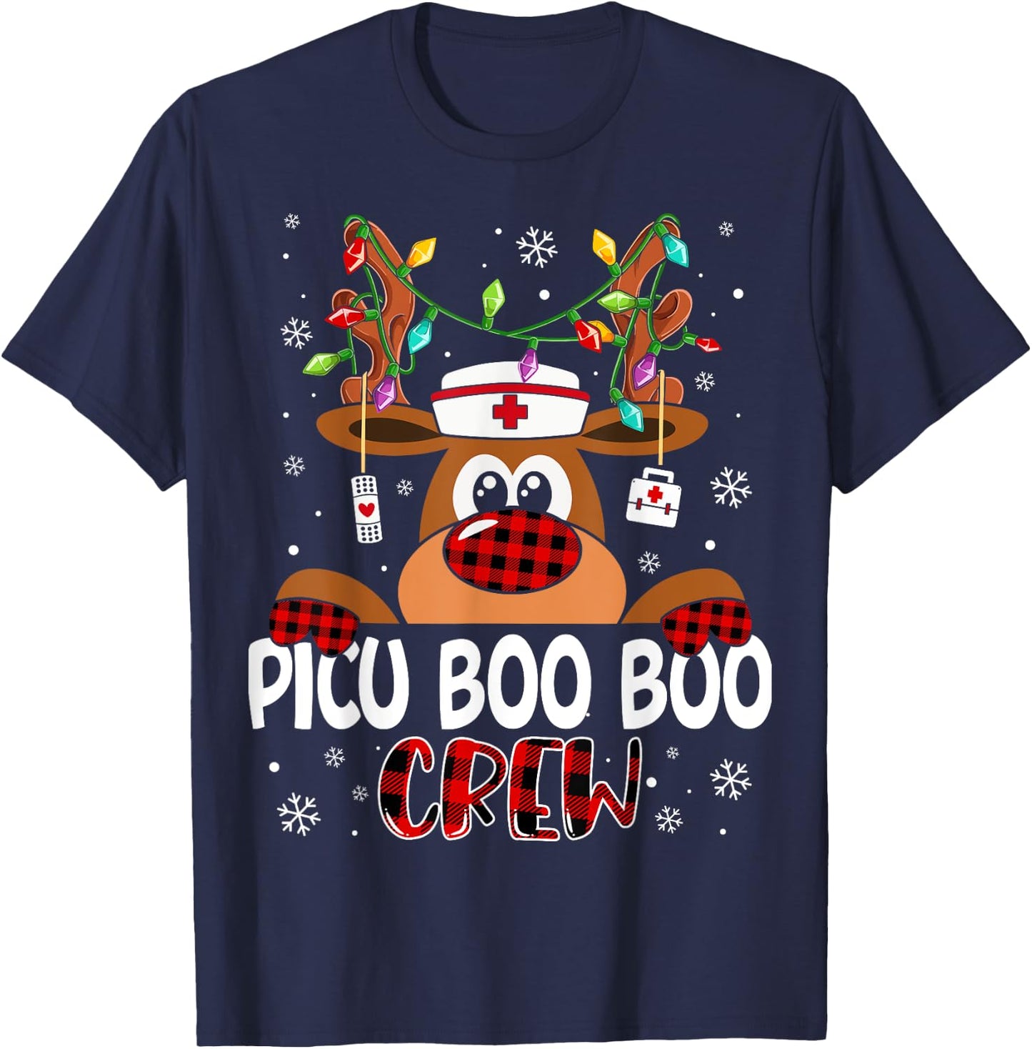 Reindeer PICU Nurse Boo Crew Christmas Buffalo Plaid Nurse T-Shirt - T-Shirt | Navy
