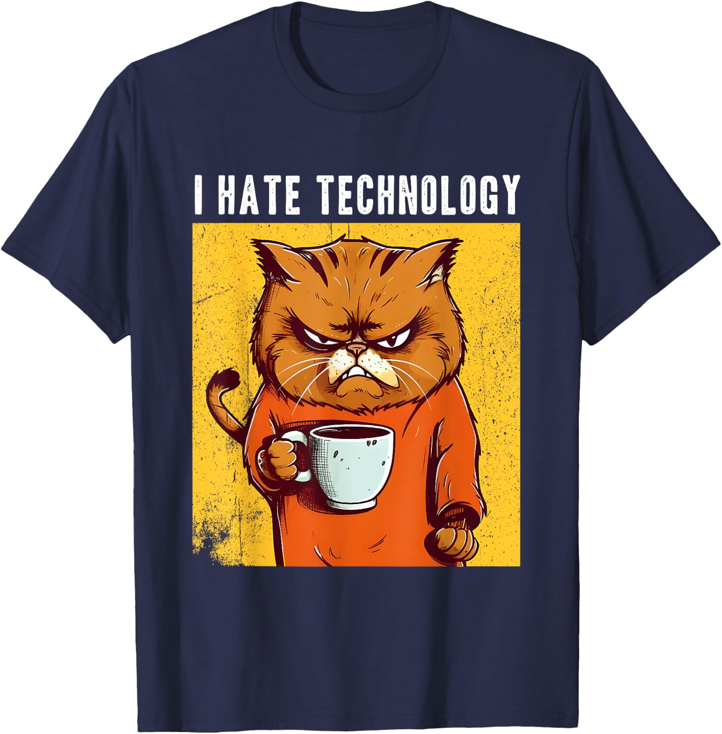 Angry cat drinking coffee I hate technology funny cynical T-Shirt - T-Shirt | Navy
