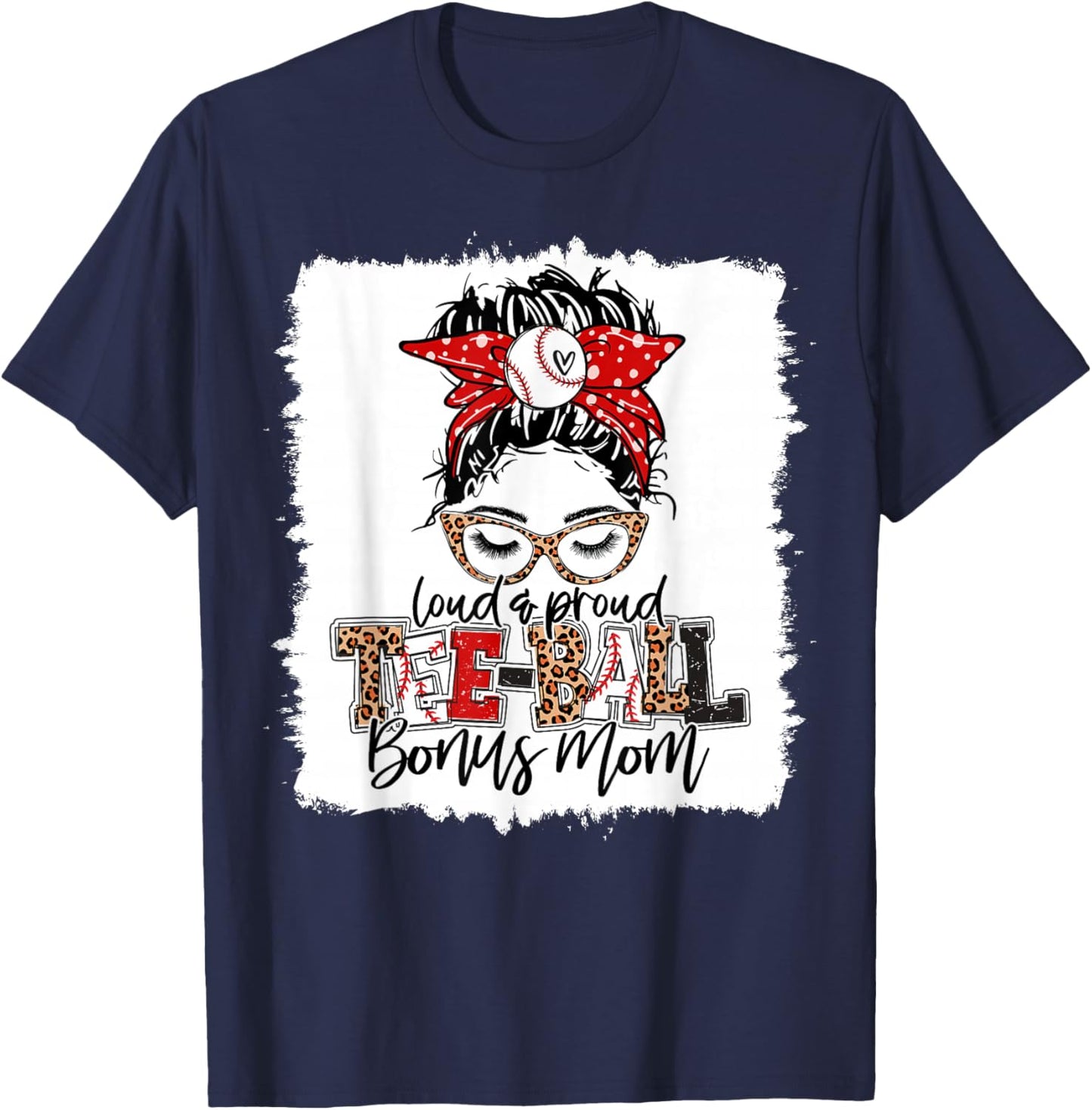 T-Ball Bonus Mom Ball Leopard Print Squad Messy Bun Hair T-Shirt - T-Shirt | Navy