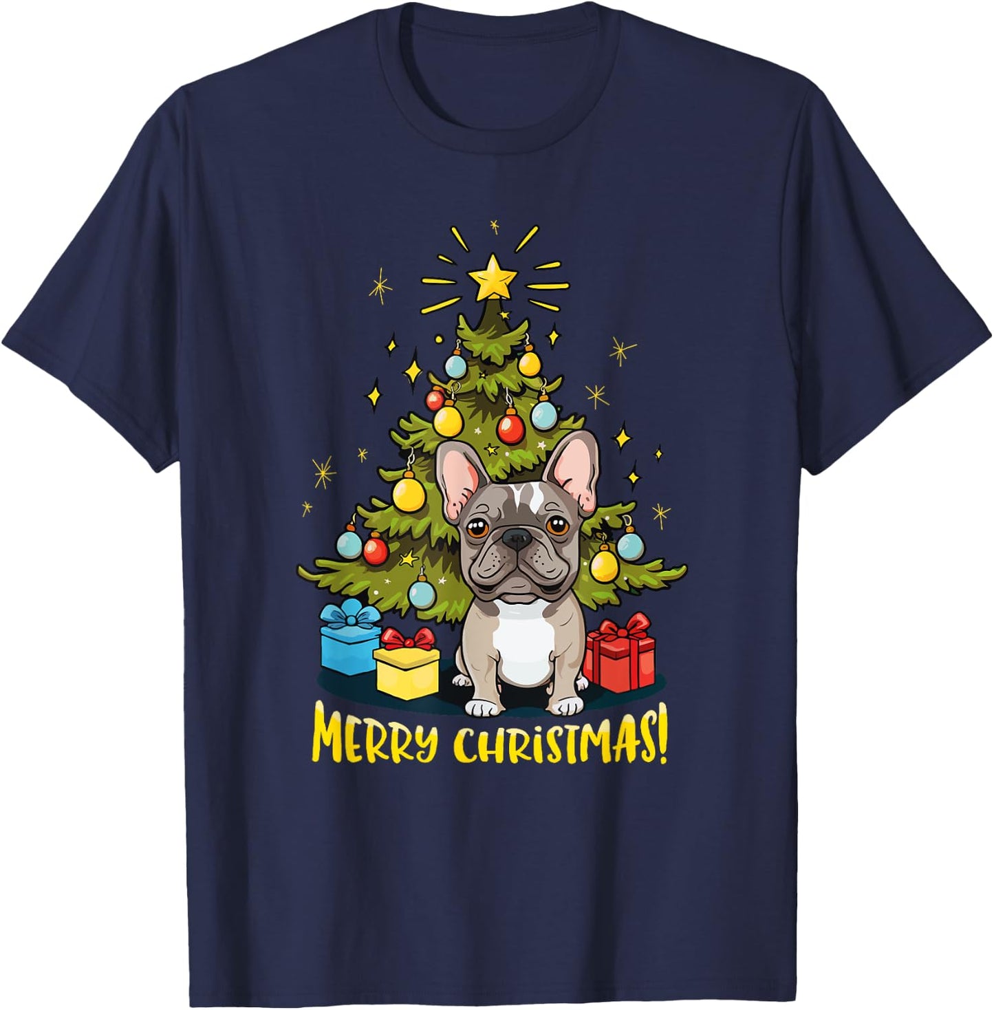 Funny French Bulldog With Christmas Tree - Merry Christmas T-Shirt - T-Shirt | Navy