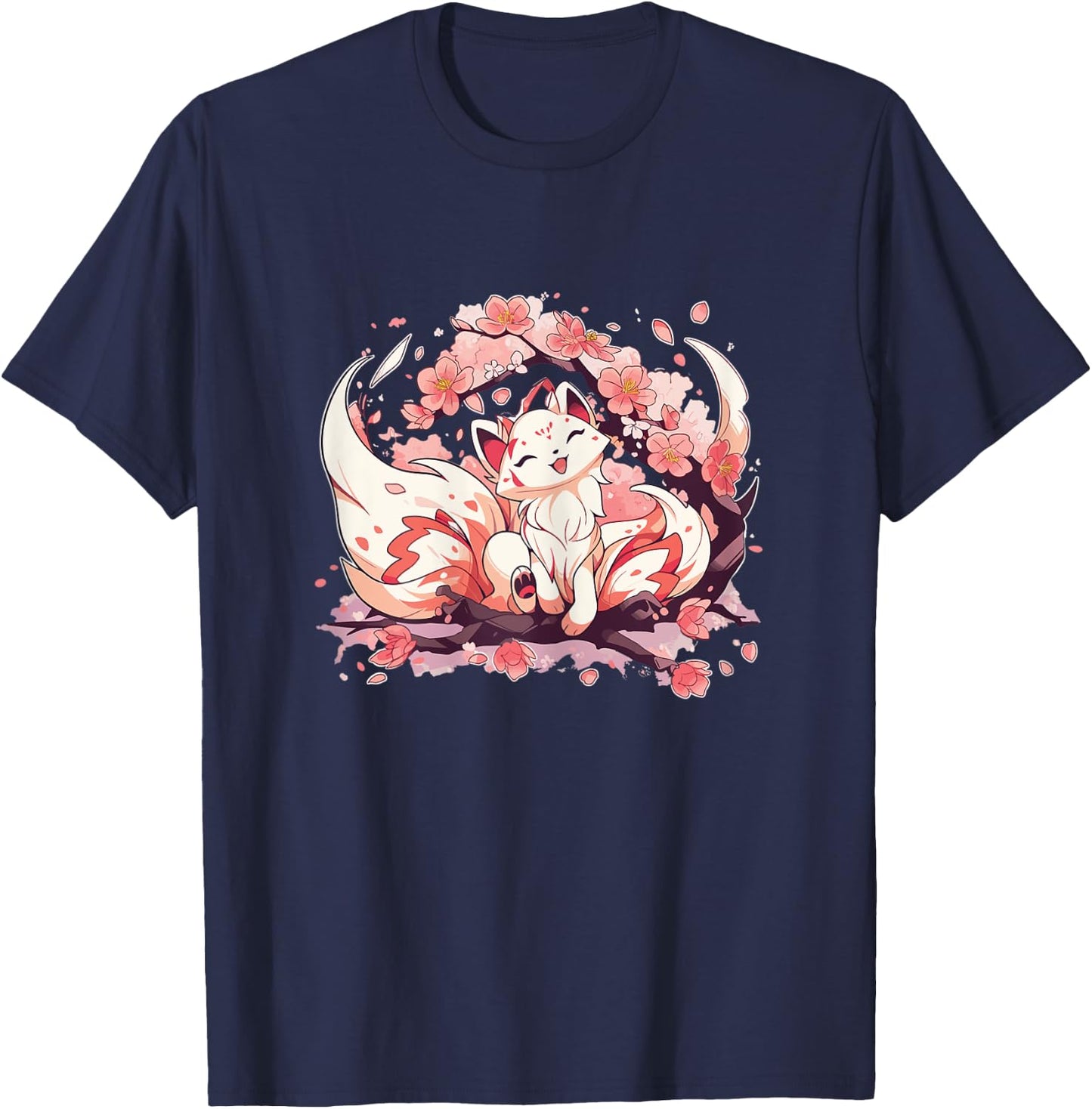 Kitsune Fox Japanese Nine Tailed Fox Cherry Blossom Flowers T-Shirt - T-Shirt | Navy