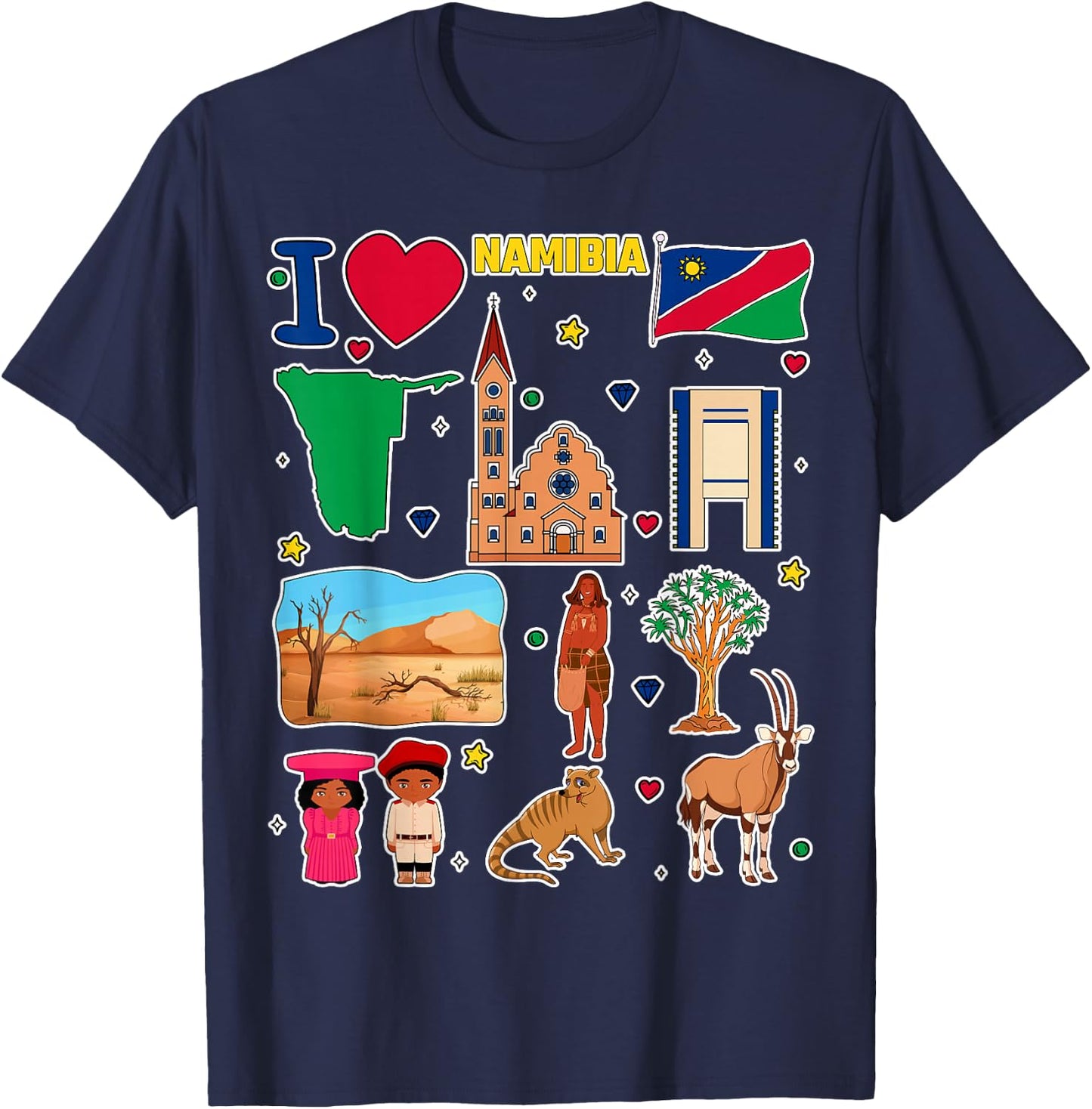 Namibian hand drawn symbols, Namibia map, cultural icons T-Shirt - T-Shirt | Navy