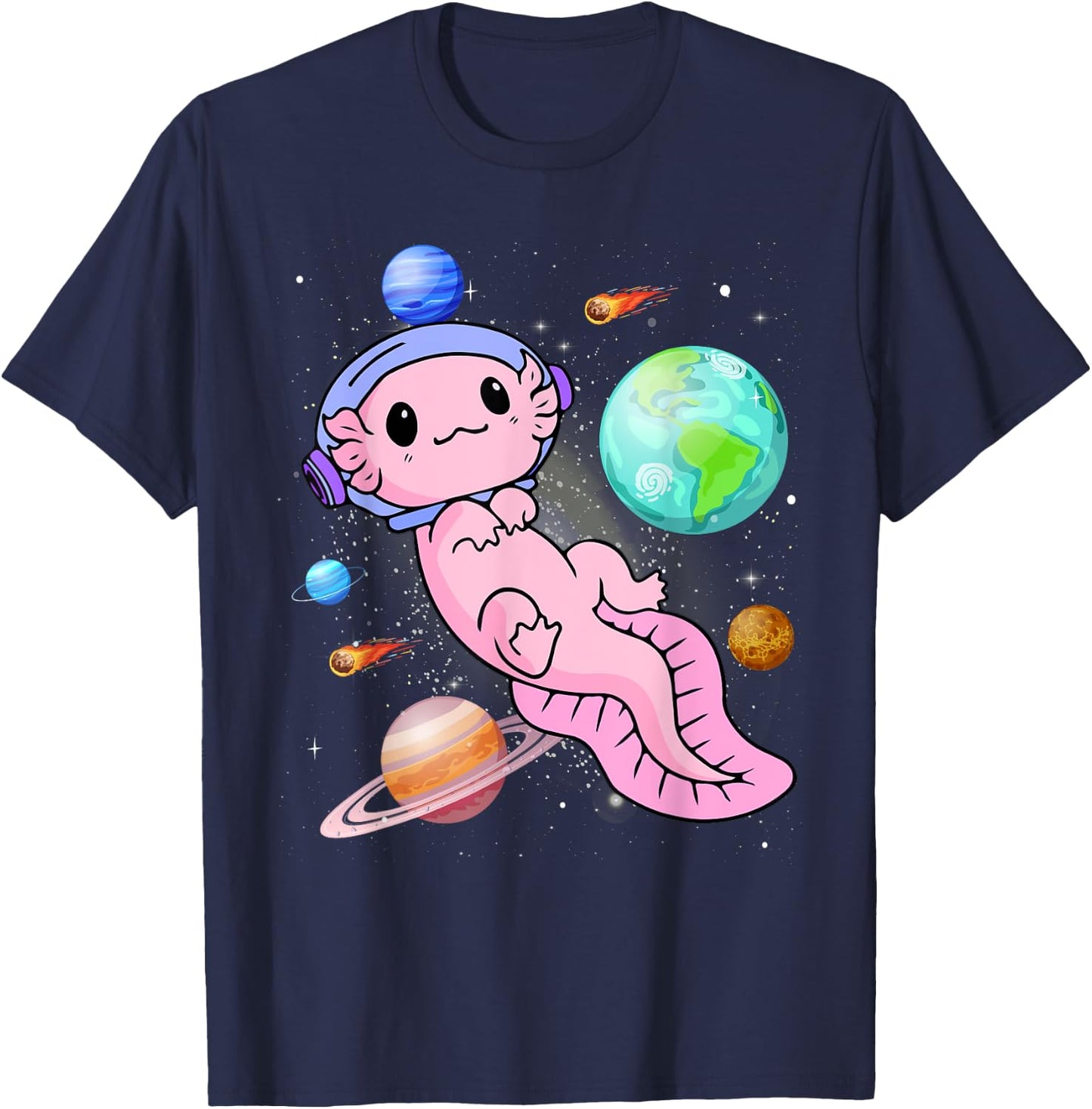 Cute Astronaut Axolotl In Space Galaxy Planet Outer Space T-Shirt - T-Shirt | Navy