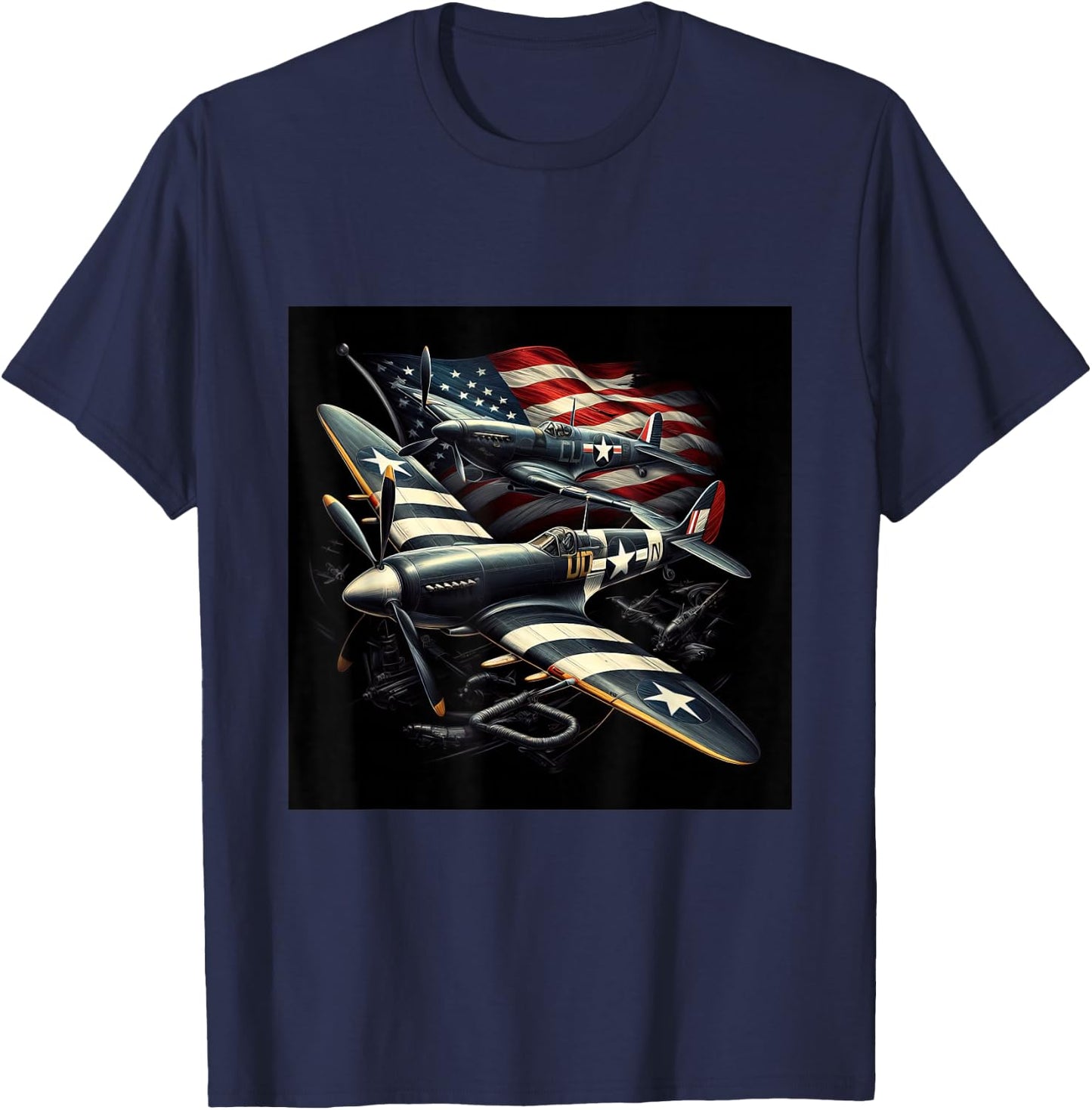 Spitfire F4U Corsair WW2 Airplanes US Flag T-Shirt - T-Shirt | Navy