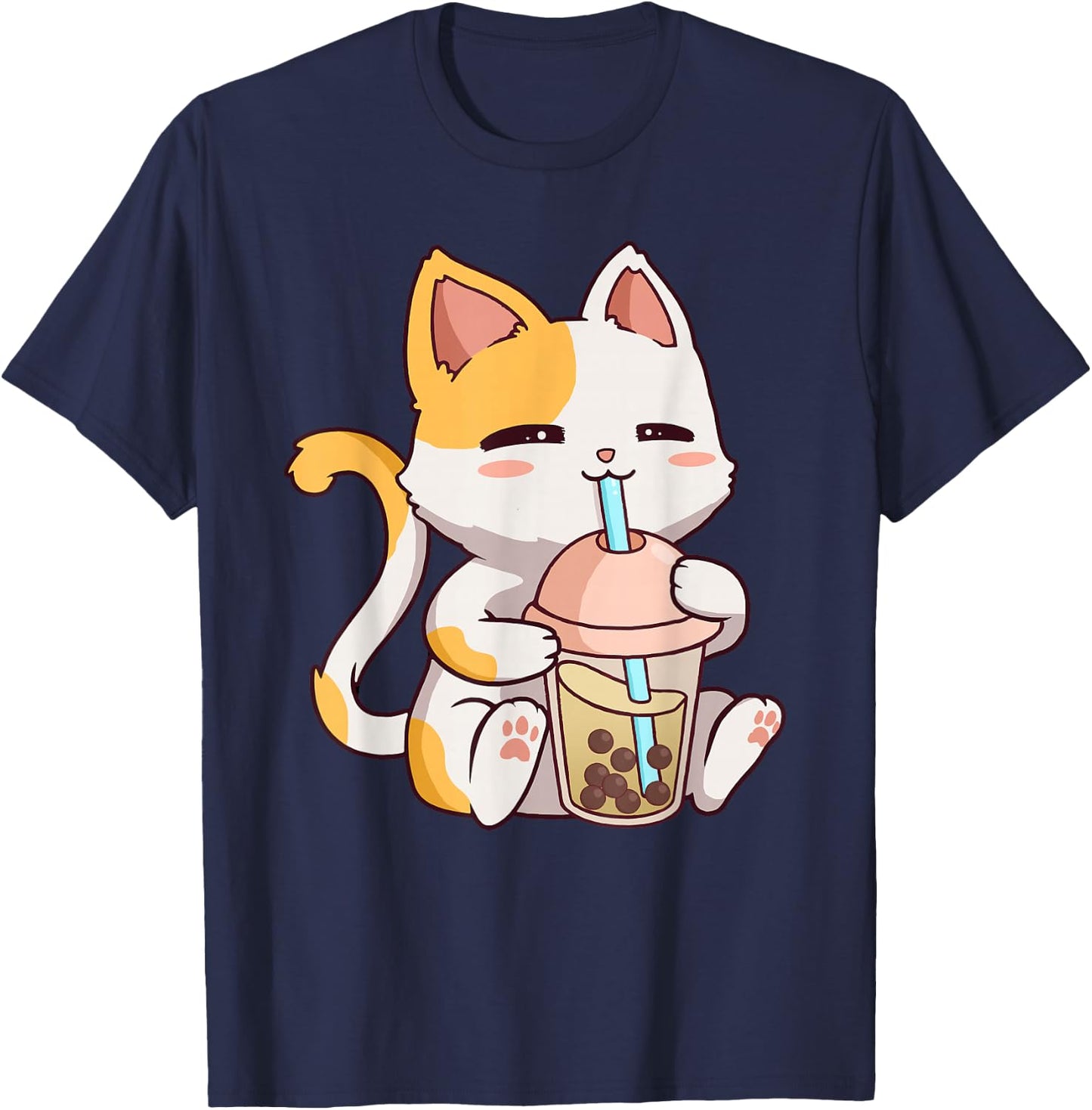 Cute Cat Kawaii Boba Tea Bubble Neko Anime T-Shirt - T-Shirt | Navy