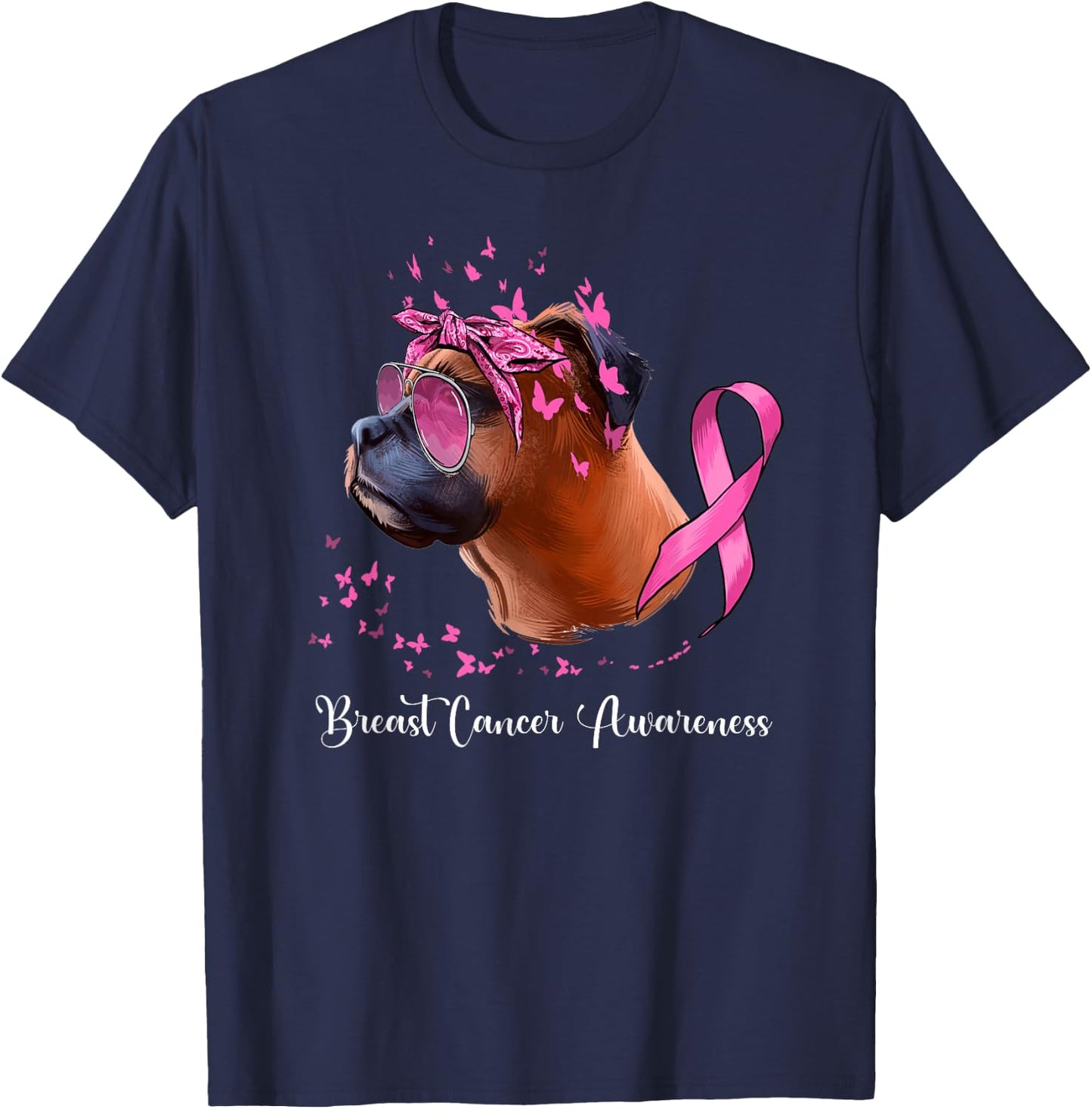 Boxer Dog Lover Pink Ribbon Breast Cancer Awareness T-Shirt - T-Shirt | Navy