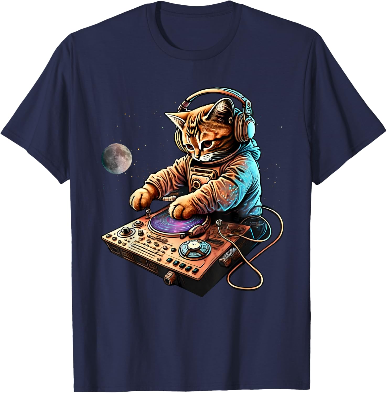 DJ Cat, Cute Space Cat Disc Jockey Cat in Astronaut Suit T-Shirt - T-Shirt | Navy