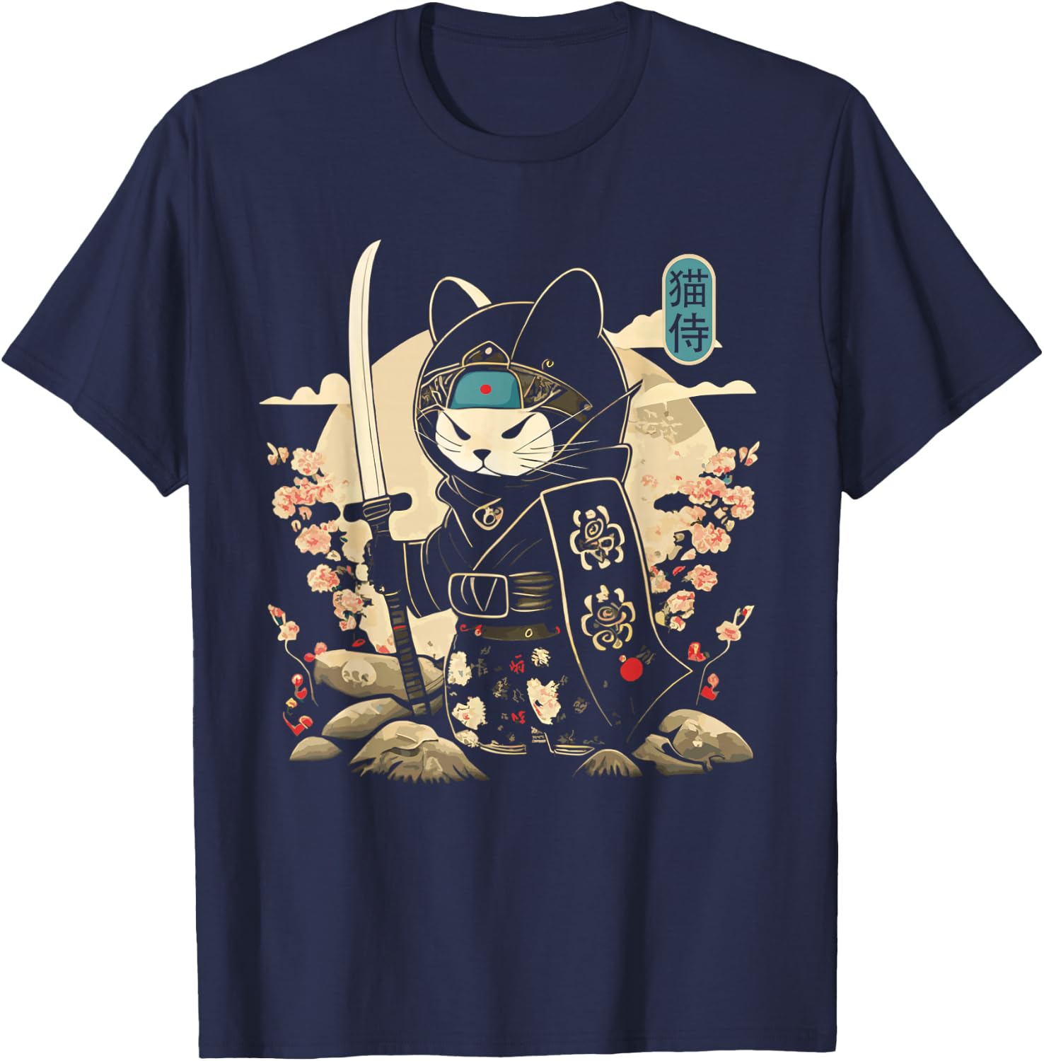 Japanese Samurai Cat Tattoo Kawaii Ninja Cat T-Shirt - T-Shirt | Navy
