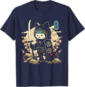 Japanese Samurai Cat Tattoo Kawaii Ninja Cat T-Shirt - T-Shirt | Navy