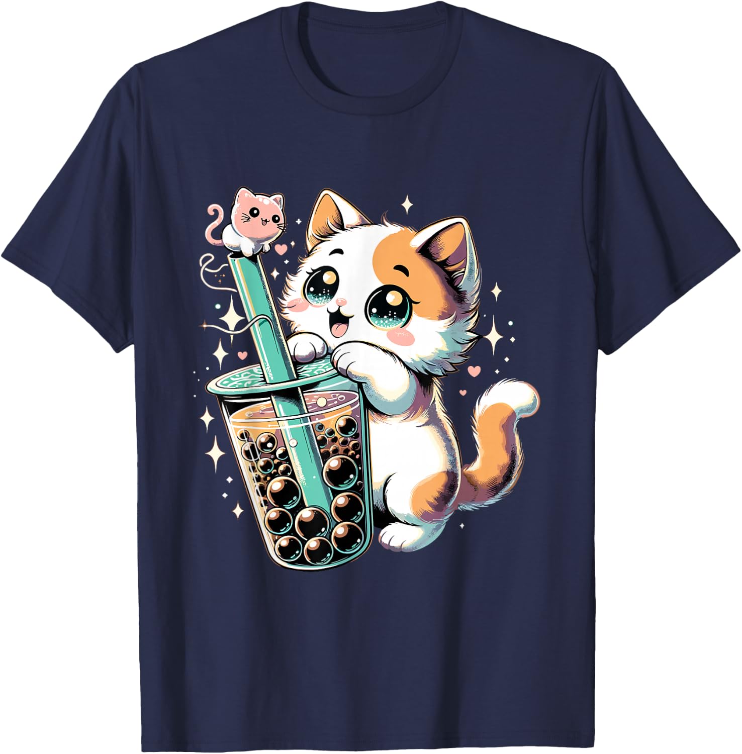 Cat Boba Japanese Kawaii Anime Kitty Bubble Tea Neko Teen T-Shirt - T-Shirt | Navy