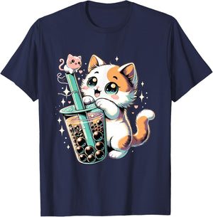 Cat Boba Japanese Kawaii Anime Kitty Bubble Tea Neko Teen T-Shirt - T-Shirt | Navy