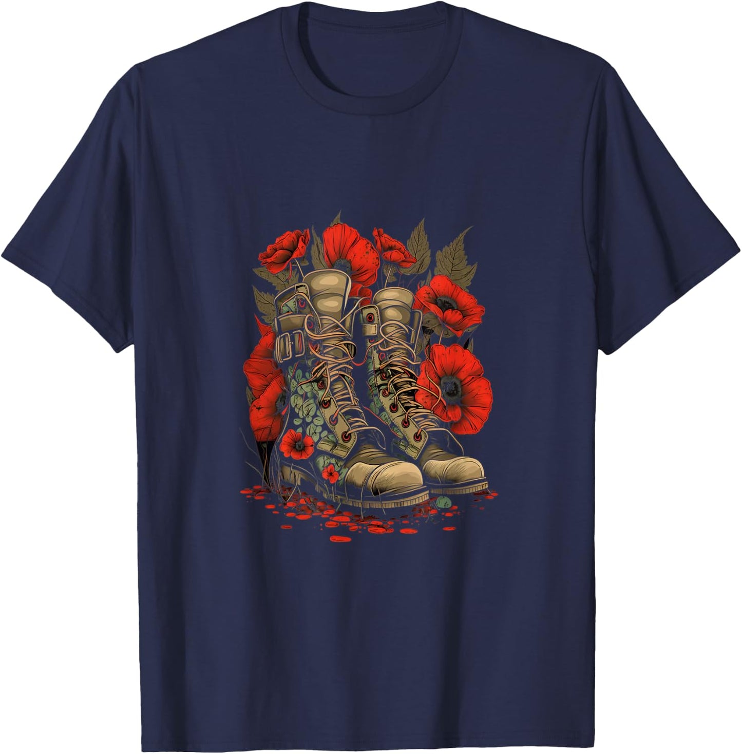 Memorial Day Red Poppy Flower Military Boots 4th of July Women Men T-Shirt - T-Shirt | Navy