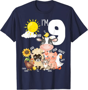 9th Birthday Barnyard Barn Farm Animals Sounds Age 9 Farm T-Shirt - T-Shirt | Navy