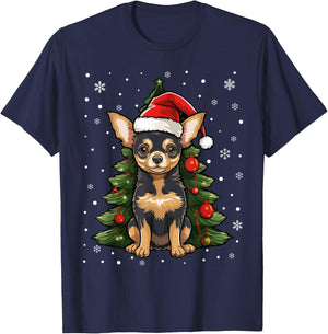 Chihuahua Dog Christmas Tree Santa Hat Xmas Pajama T-Shirt - T-Shirt | Navy