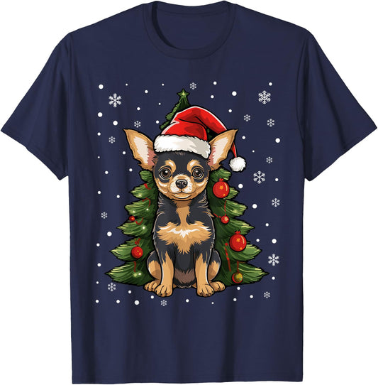 Chihuahua Dog Christmas Tree Santa Hat Xmas Pajama T-Shirt - T-Shirt | Navy