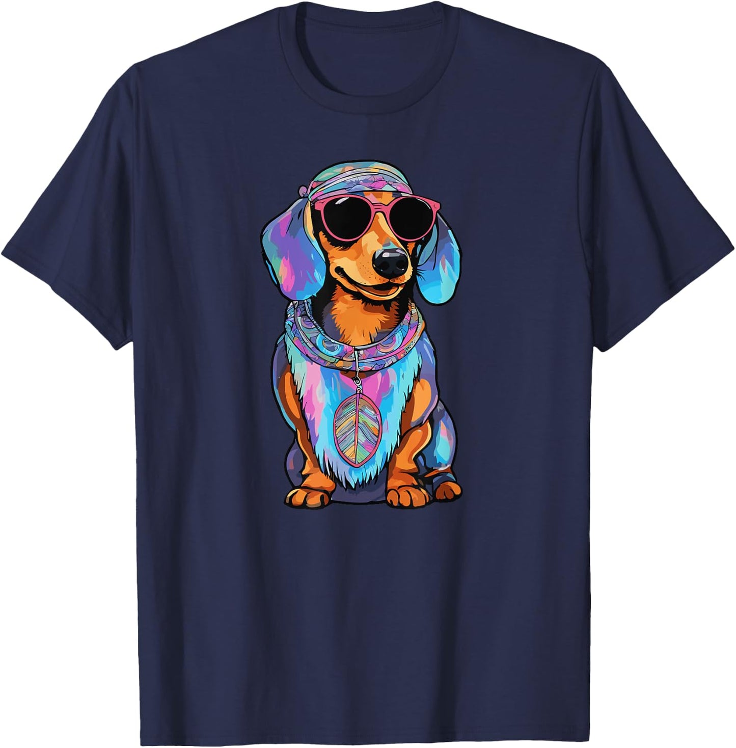 Colorful Tie Dye Hippie Dachshund Dog Wearing Sunglasses Men Women Girls Kids T-Shirt - T-Shirt | Navy