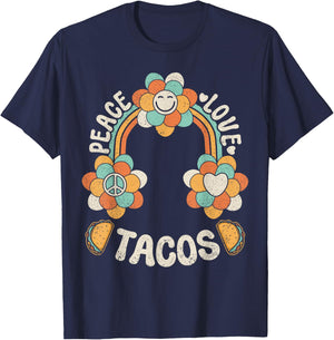 Groovy Rainbow Outfit Mexican Food Lover Peace Love Tacos T-Shirt - T-Shirt | Navy