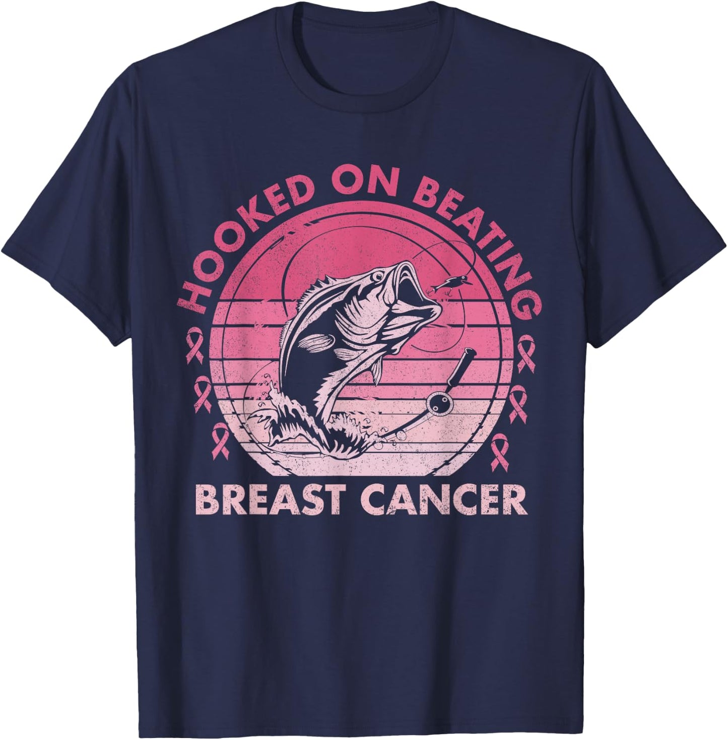 Hooked on Beating Breast Cancer Awareness Fishing Vintage T-Shirt - T-Shirt | Navy