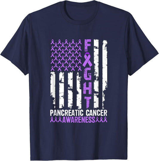 Fight Flag Purple Ribbon Support Pancreatic Cancer Awareness T-Shirt - T-Shirt | Navy